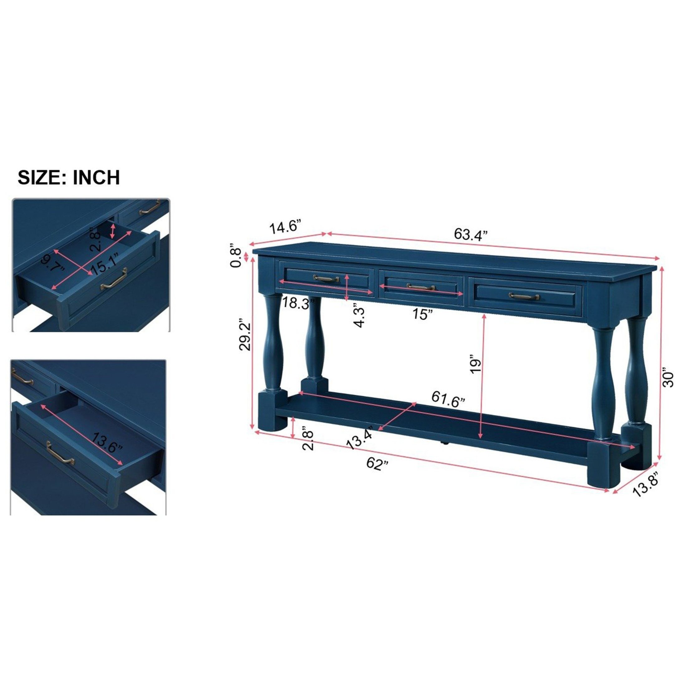 Noble House Adelaide 63" Console Table, Solid Wood Frame Mid-Century Entryway Storage, Navy Blue