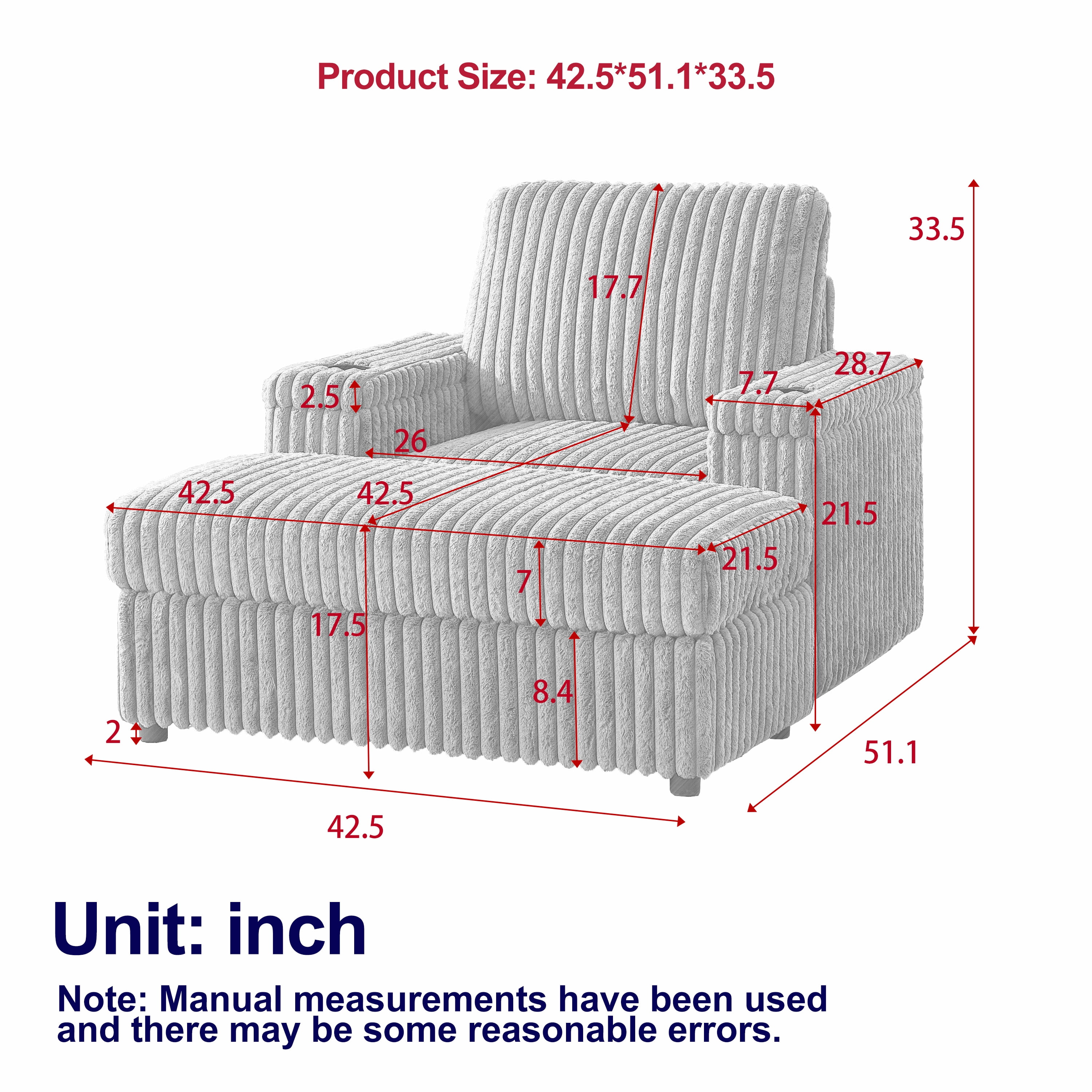 Chaise Lounge Chair with Ottoman Storage and Cup Holder, Comfy Cloud Corduroy Accent Single Sleeper Sofa Chair, Upholstered Couch Armchair for Living Room Bedroom Office