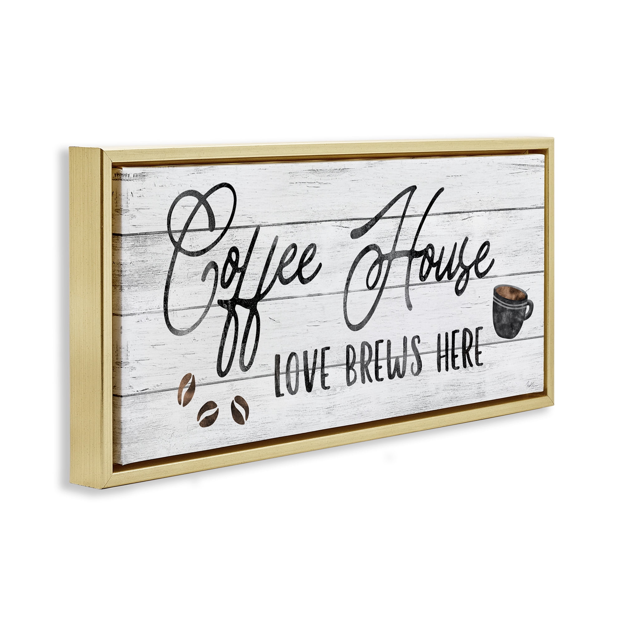 Stupell Industries Coffee House Love Brews Here Food & Beverage Painting Gold Floater Framed Canvas Art Print Wall Art, 25 x 11