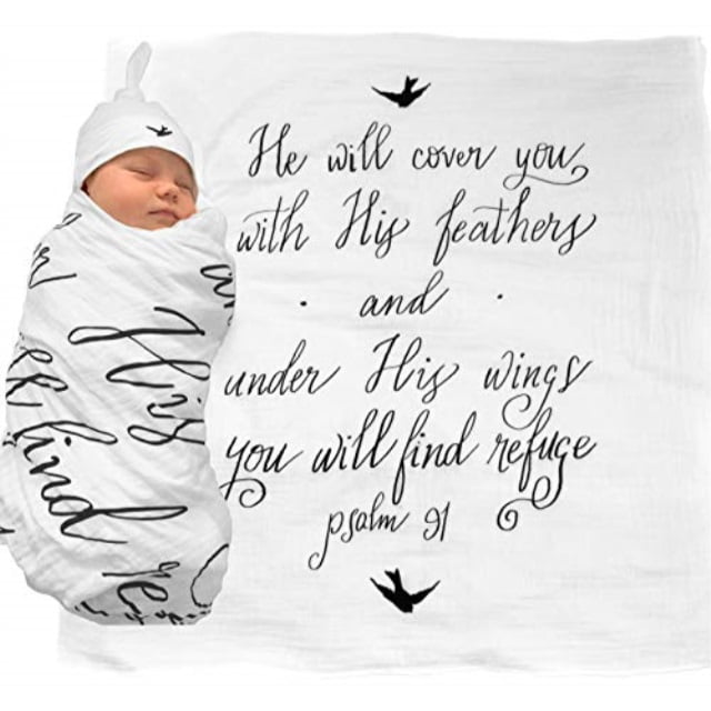 muslin swaddle & bonus baby hat with scripture quote (psalm 91) 100