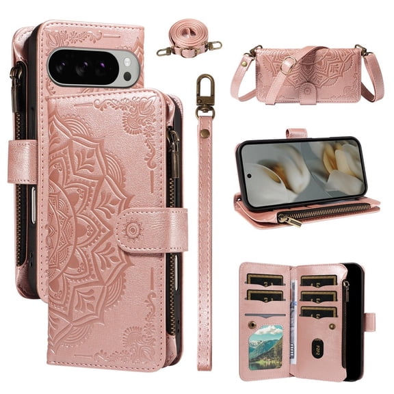 For Google Pixel 9 Pro XL 5G Wallet Case, 9 Card Slots RFID Blocking Crossbody Leather Cover, Zipper Pocket, Detachable Wrist & Shoulder Strap, Magnetic Shockproof Protective Phone Case for Women