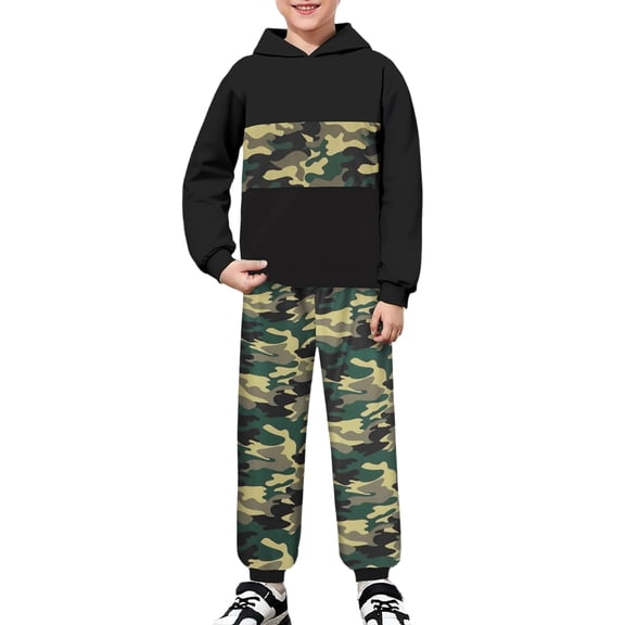 Tisuna Boys 2 Pieces Tracksuit Outfit Set Child Color Block Long Sleeve Hoodie And Jogger Pants Set Comfortable Casual Little Boys Child School Holiday Sport Wear Black