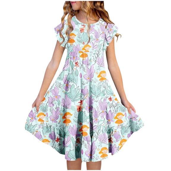 LIBRCLO Girls Dresses Flutter Sleeve Crew Neck Floral Printing Sundress with Pockets Flared Waist Tiered Summer Midi Length Kid Clothes 6-15