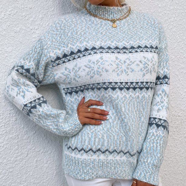 Suéter Suéter de punto para mujer, medio cuello alto, estampado de copos de nieve, jerséis de ganchillo, manga larga, estilo navideño, traje informal para vacaciones Ygjytge Azul T S para Mujer