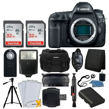 Canon EOS 5D Mark IV DSLR Camera Body + SanDisk 64GB Memory Card + Extra Battery + Wireless Remote + Large Gadget Bag + Slave Flash + Heavy Duty Tripod + Hand Grip + Lens Band + Card Reader +