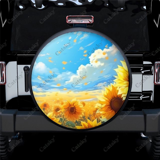 Painting Sunflowers In Field Pattern Polyester Universal Spare Wheel Tire Cover Wheel Covers for Trailer RV SUV Truck Camper
