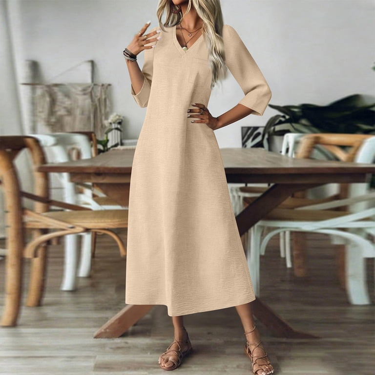 VEKDONE Linen Maxi Dress for Women Summer 3/4 Sleeve V-Neck Boho Long Dress  Elegant Solid Color Loose Fit A-Line Dress Beige S - Walmart.com