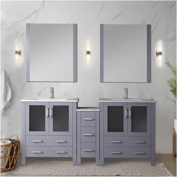 JERFIT 72 Inch Modern Double Sink Bathroom Vanity Set with White Ceramic Top, Faucet & Soft-Close Cabinets in Dark Grey