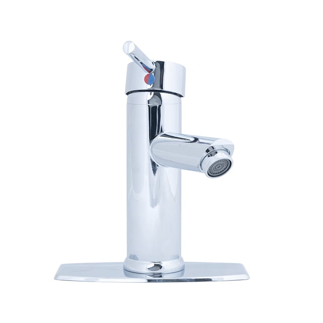 mezcladora para lavabo ecoacqua ecoacqua l210m.6 Llave monomando para lavabo cromada, vista frontal centrada; cuerpo cilíndrico de latón con acabado cromado, maneral metálico monomando con indicador rojo/azul, salida con rejilla, cartucho cerámico que no gotea, cierre por traslación, instalación a 1 orificio con cubierta de colocación y mangueras de conexión incluidas; usada frecuentemente en baños modernos y trabajos de plomería.