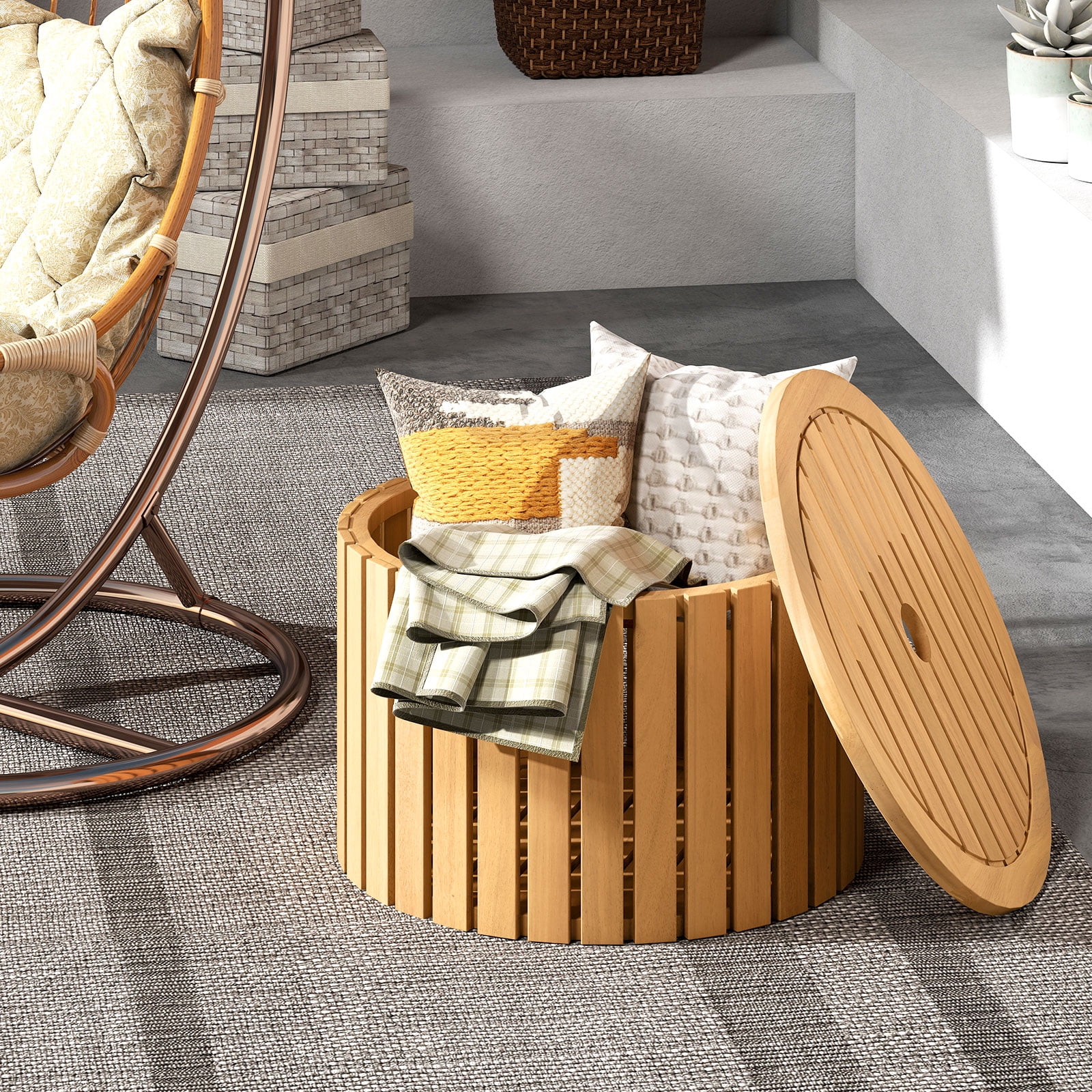 Gymax 2-in-1 Outdoor Side Table w/Storage Umbrella Hole & Removable Base for Backyard