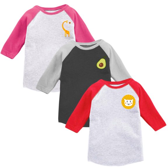 Toddler Girls Raglan Baseball Shirt Raglan Shirt Kids Girls Baseball Tee 2T Clothes 3T Outfits 4T T shirts 5T Shirts Giraffe Avocado Lion - Pack of 3