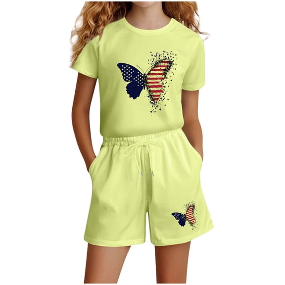 CHUMUD Girls 4th of July USA Shirt American Flag Patriotic Bow Print Sets T-Shirt & Elastic Waist Shorts Independence Day Outfit for Kids 3-14 Years
