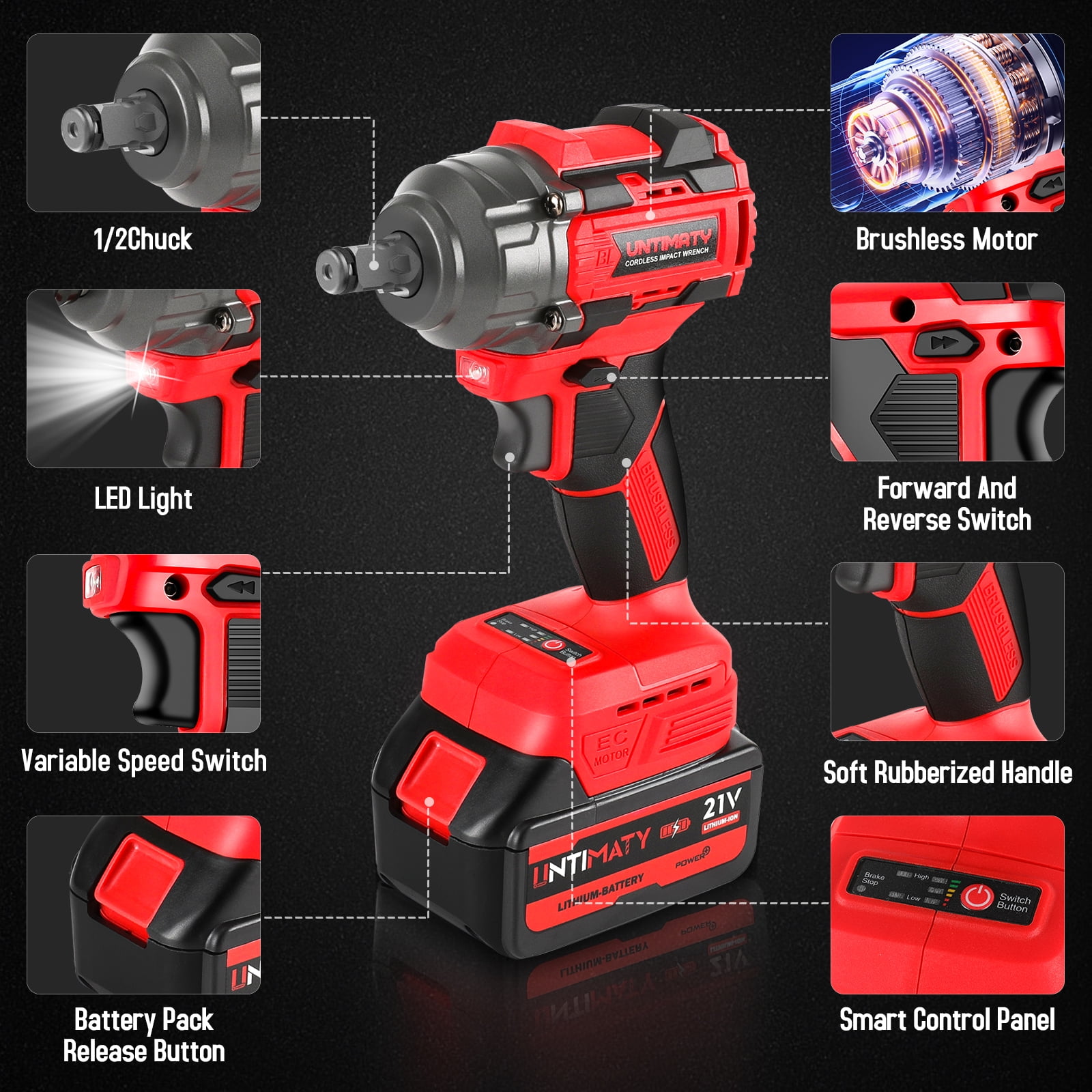 UNTIMATY Upgraded Brushless Impact Wrench 650Nm, Impact Gun 1/2'' with 4.0Ah Batteries, 9 Sockets, 8 Drills & 6 Screws