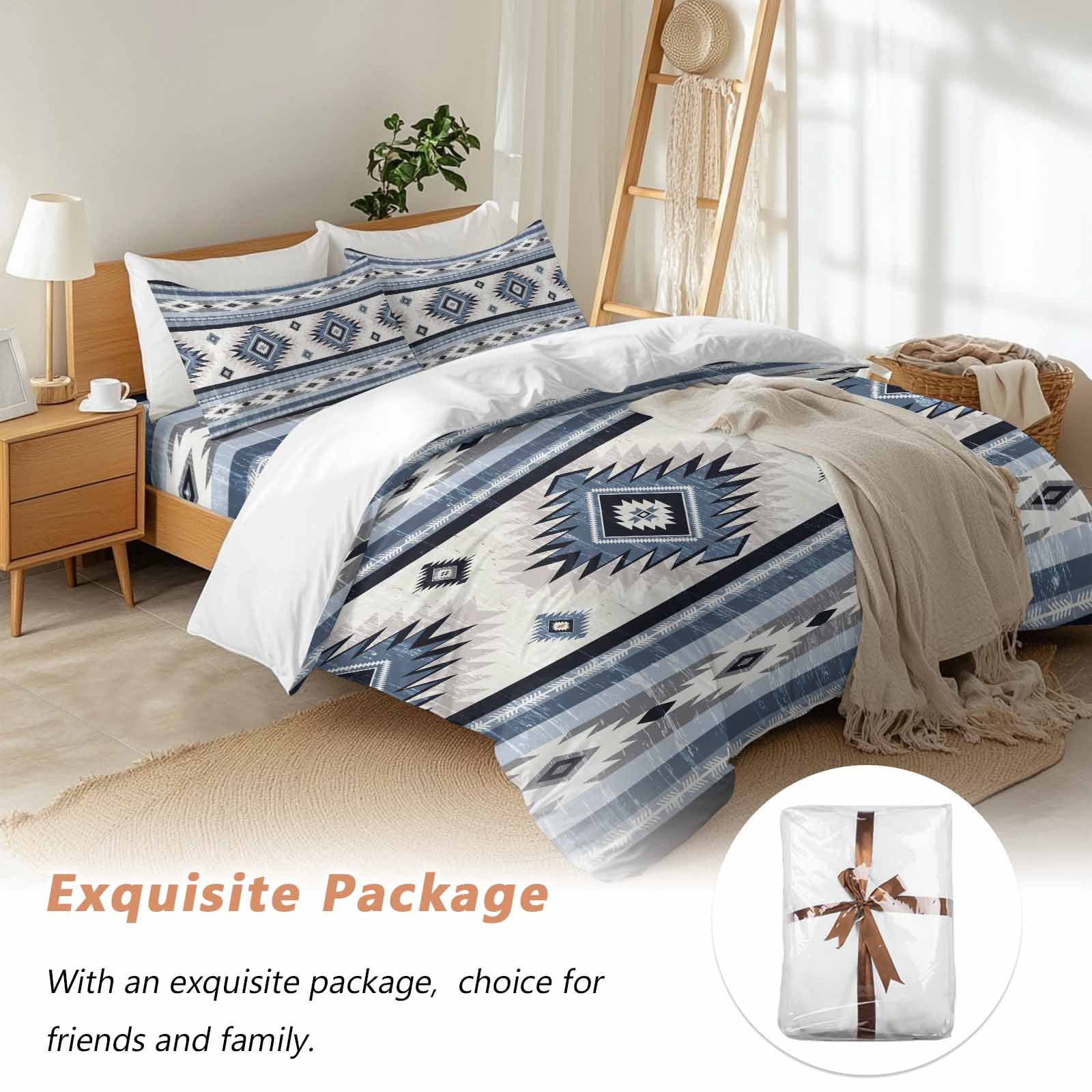 Blue Southwestern Bedding Duvet Cover Set King Size 4 Pieces Native Aztec Ethnic Style Geometric Bedding Set with Zipper Closure, 1 Comforter Cover 92x106 Inches 1 Flat Sheet & 2 Pillow Cases