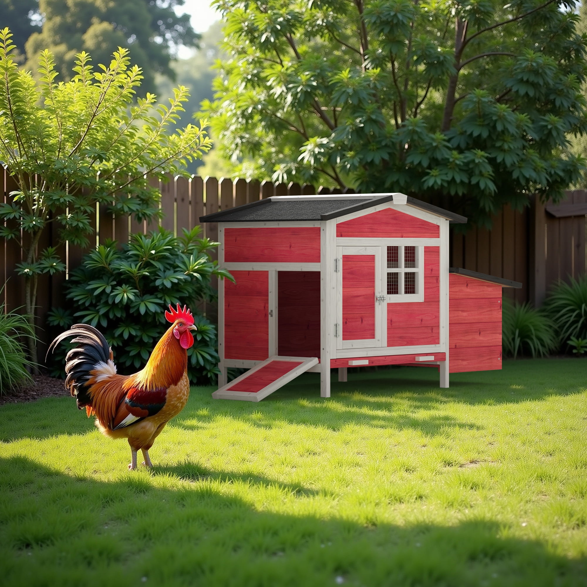 GOJOOASIS Outdoor Rabbit Hutch Chicken Coop with Tray & Nesting Box Wooden Cage,Red
