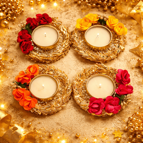 Set of 4 Flower T Light Holder Candle Stand Tealight T-Light Holders for Christmas Decorations New year Gifts Festival Lighting Accessories Wedding Home Decor(Without Wax)(Size:-3")(Colorful)