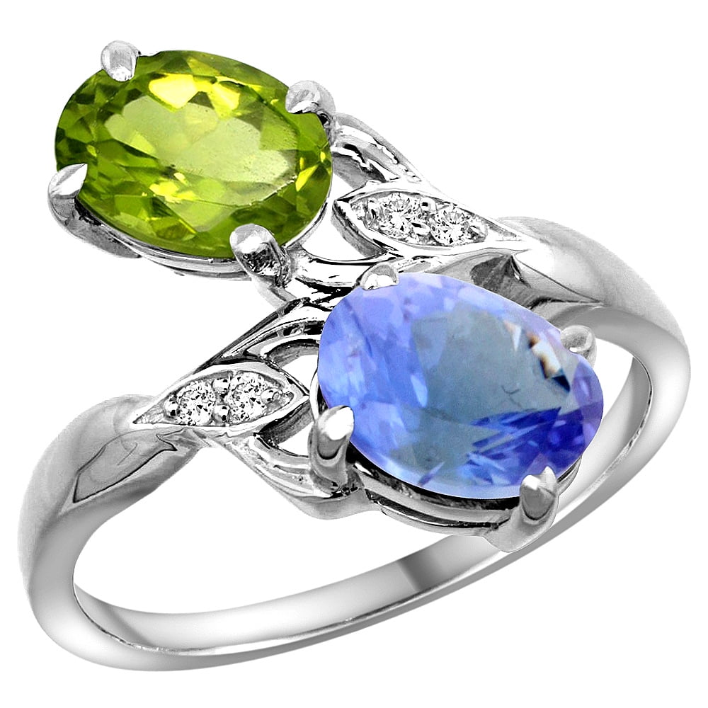 14k White Gold Diamond Natural Peridot & Tanzanite 2-stone Ring Oval 8x6mm, size 7.5 by Gabriella Gold