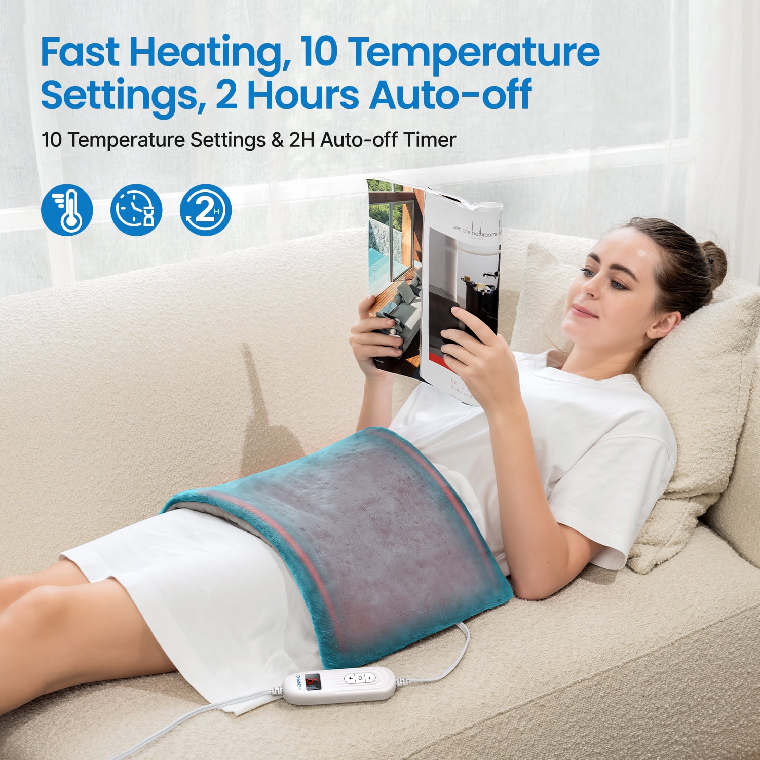 RENPHO Heating Pad, 10 Heat Settings, Auto Shut-Off Feature, FSA HSA Eligible, 12"x24", Blue