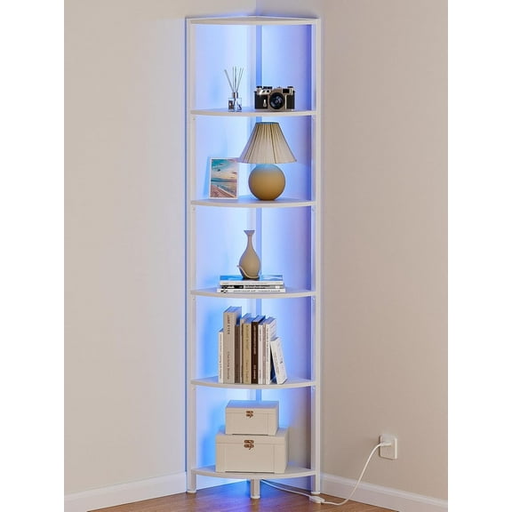 6 Tier Corner Shelf with LED Light, 67.5” Tall Standing Shelf Organizer, White Narrow Bookshelf with Storage Rack for Wall Corner, Living Room, Bedroom, Metal Frame, Wood Display Shelf