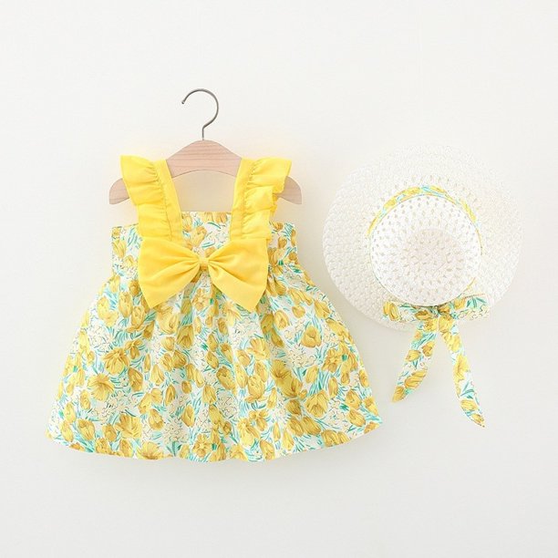 uds., vestido de princesa de playa de verano para niñas, lindo lazo de flores, sin mangas, vestidos de algodón para niños pequeños + sombrero para el sol, conjunto de ropa para recién nacidos Tan Jianjun unisex