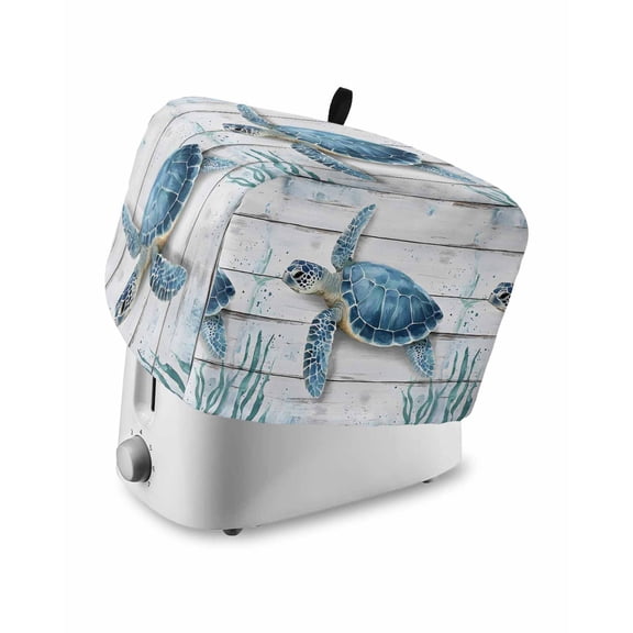 Fsddascl Ocean Sea Turtle Blue Toaster Cover 4 Slice, Large Kitchen Appliance Covers, Coastal Vintage Seaweed Wooden Grain Toaster Oven Cover with Loop, Bread Machine Cover Polyester Dust Cover