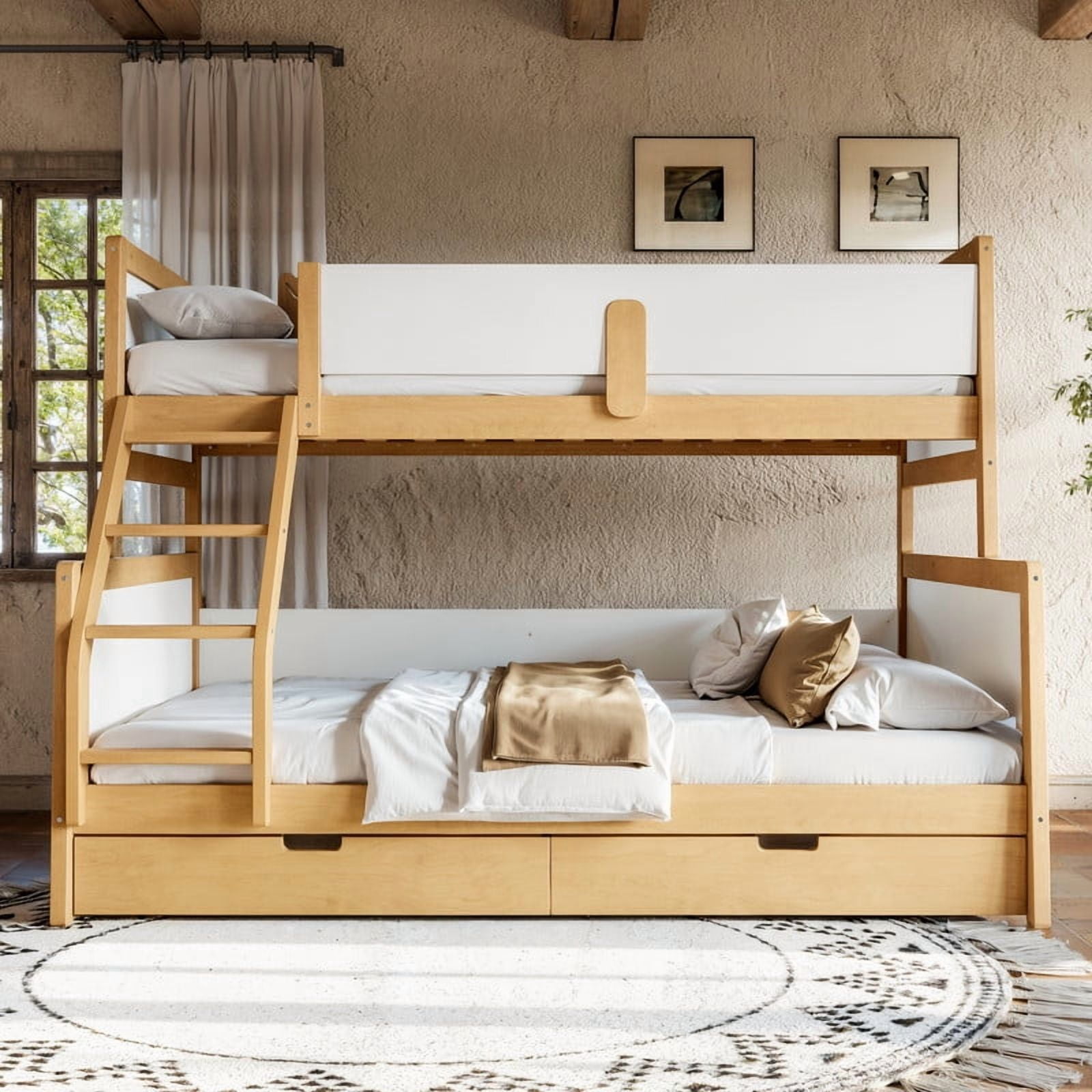 Convertible Twin XL-Over-Queen Wood Bunk Bed Split into 2 Platform Beds, Storage Kids Bed Frame with Under-Bed Drawers