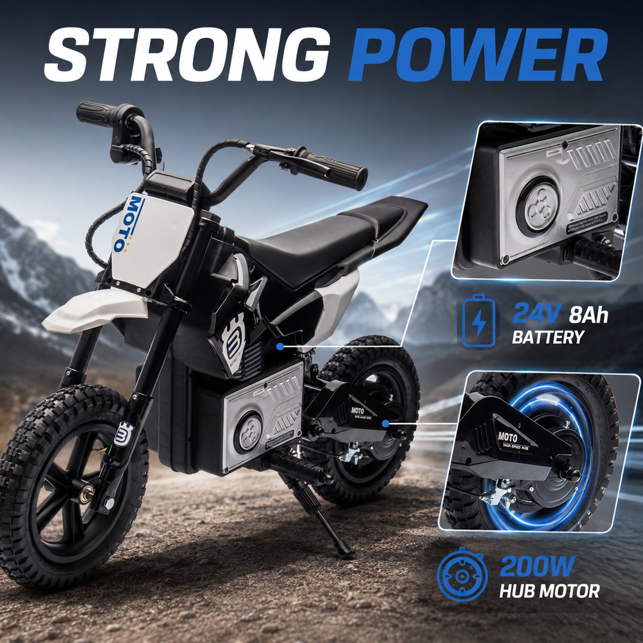 24V Kids Electric Motocross Motorcycle with Bluetooth Music - 200W Power, Rear Shock Absorber, LED Breathing Lights, Adjustable Speed up to 9.32 MPH - Powered Ride On Toy for Boys Girls Ages 5-15