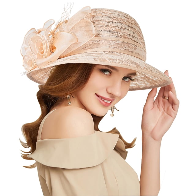RZTA Sombrero de vestir de iglesia Kentucky Derby para mujer, ala ancha, flor de hoja, sombrero de despedida de soltera