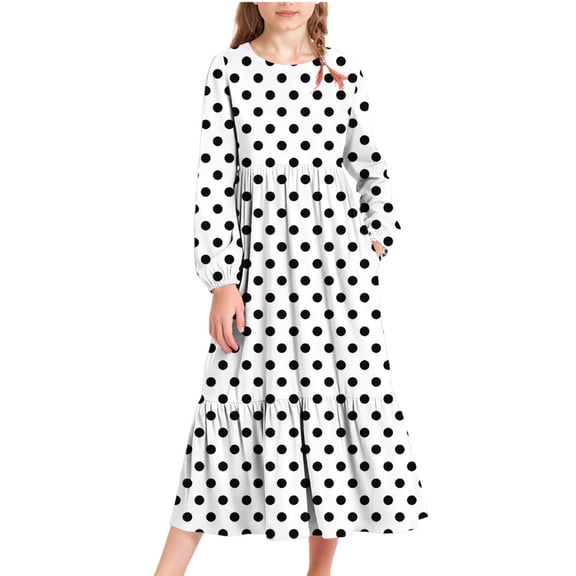 SERTG Girls Fashion Print Long Sleeve Round Neck Dress with Pockets Kids Spring Summer Casual Everyday Outfit Skirts(White,4-5 Years)