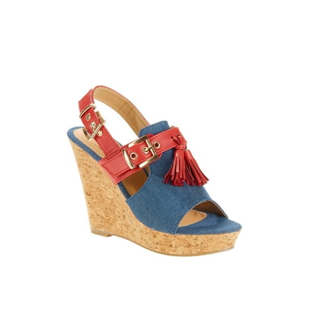 Forever Young Women's Denim Embellishment Wedges With Contrast Straps, Buckles and