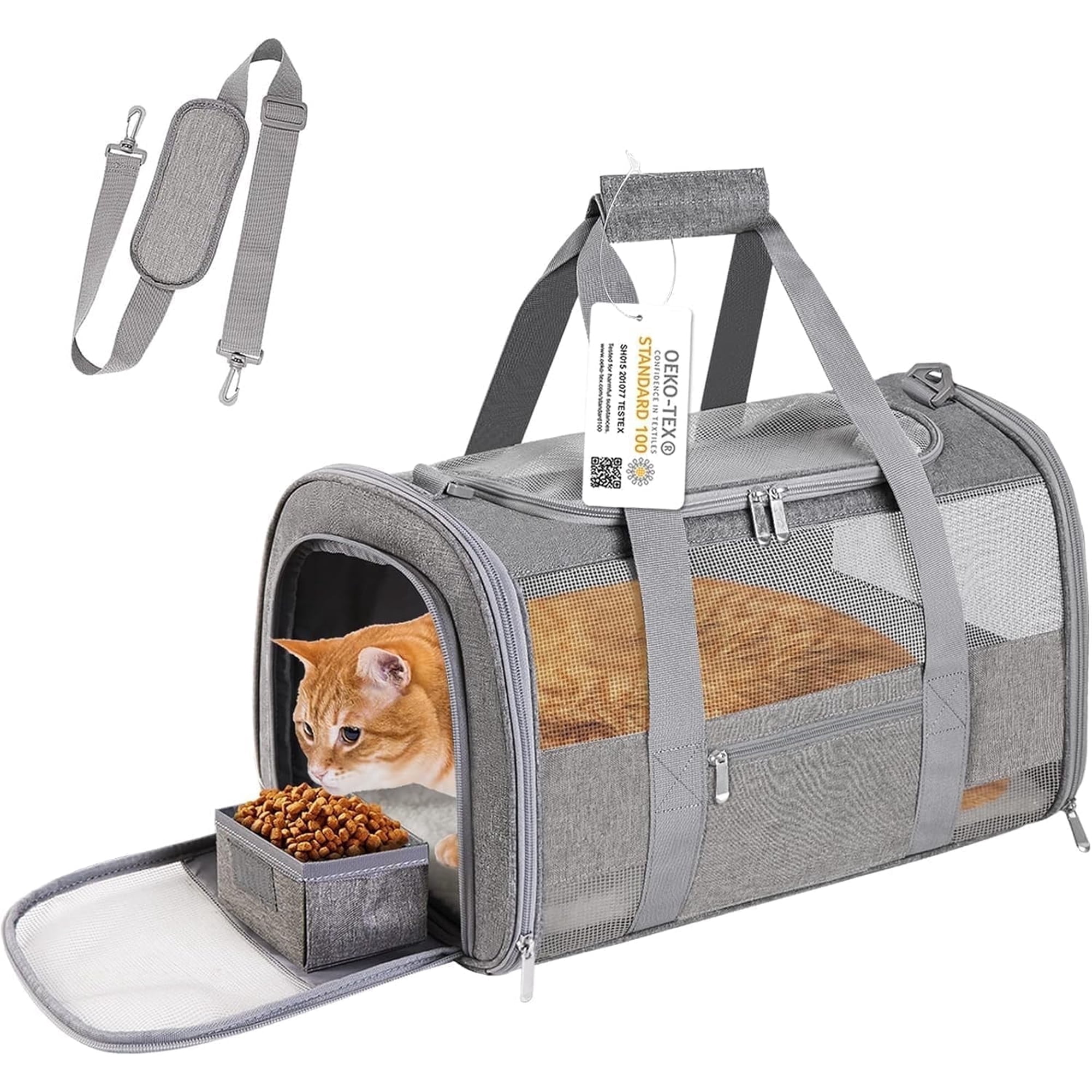 DENZUS Cat and Small Dog Travel Bag, TSA-Approved Soft-Sided Pet Tote for Pets Under 15lb, Collapsible Airline-Friendly Design – Grey