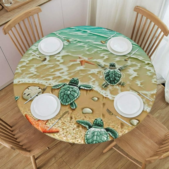 Round Fitted Tablecloth with Elastic Cute Turtle Round Outdoor Tablecloths Fitted Table Covers for Round Tables Waterproof Reusable Vinyl Table Cloth for Indoor and Outdoor 44"-48"