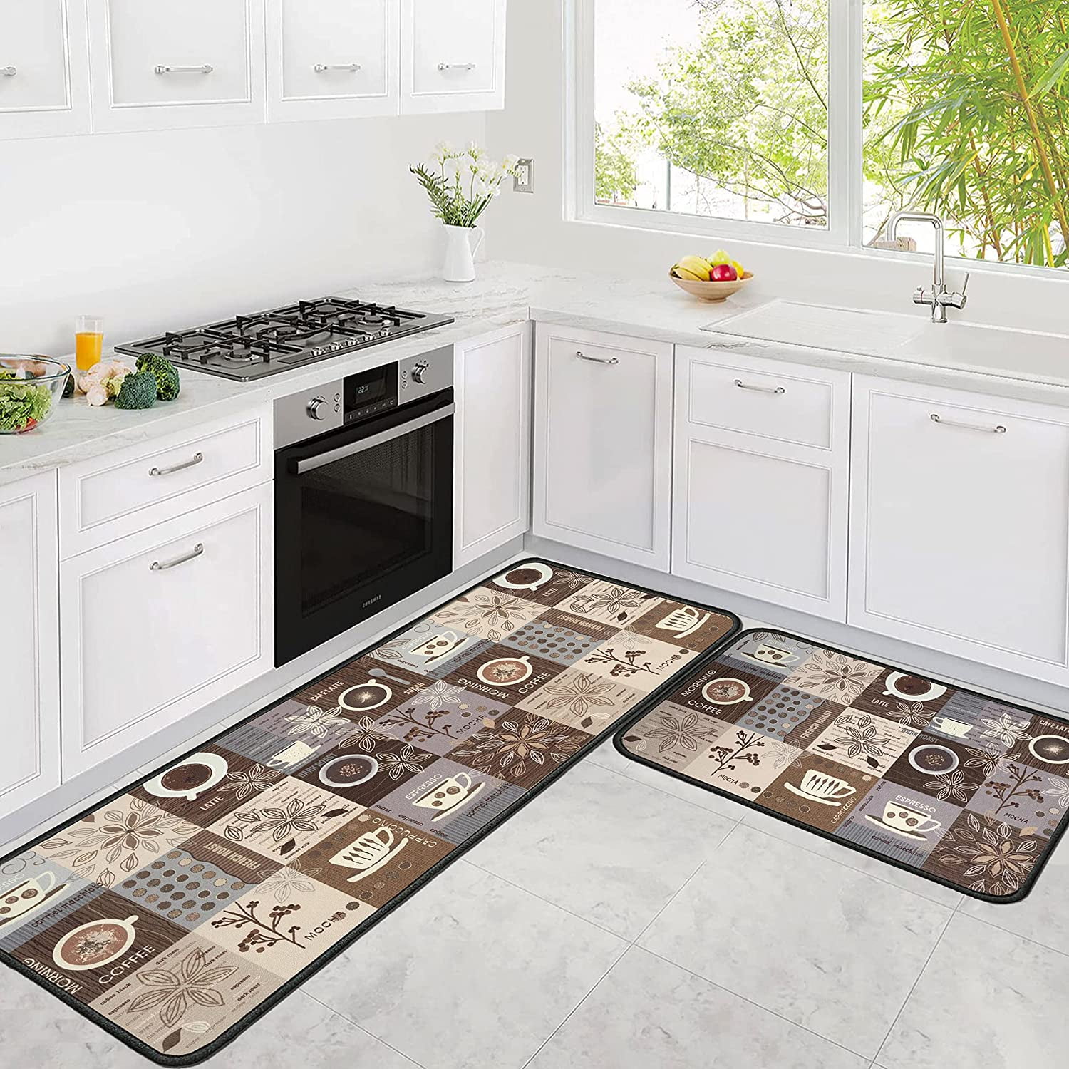 Pionism Black Coffee Theme Kitchen Rugs Set of 2,Cafe Kitchen Rugs and Mats Non Skid Washable,Black Kitchen Runner Rugs with Rubber Backing (Coffee House 17
