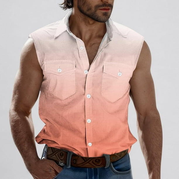 Camiseta sin mangas con cuello vuelto para hombre, estilo informal, a la moda, con estampado degradado, cuello vuelto, sin mangas, bolsillos, deportiva, de poliéster