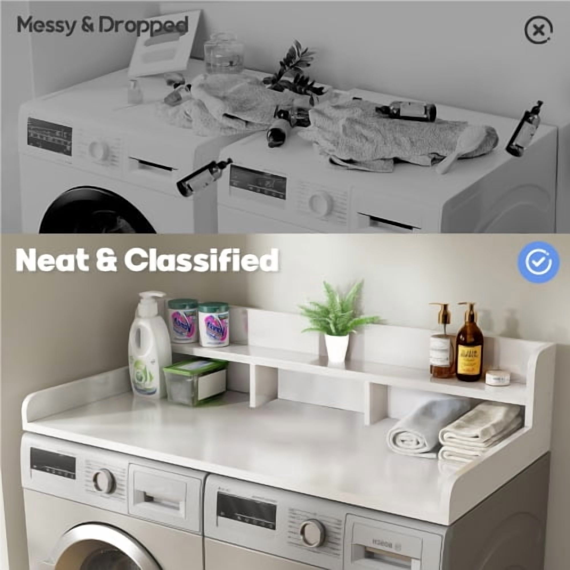 Washer Dryer Countertop with Non-Slip Pads – 54" x 27.5" Laundry Wood Shelf Topper with Raised Edge, Double Layer Organizer for Washer and Dryer, Laundry Hamper Counter Storage, White