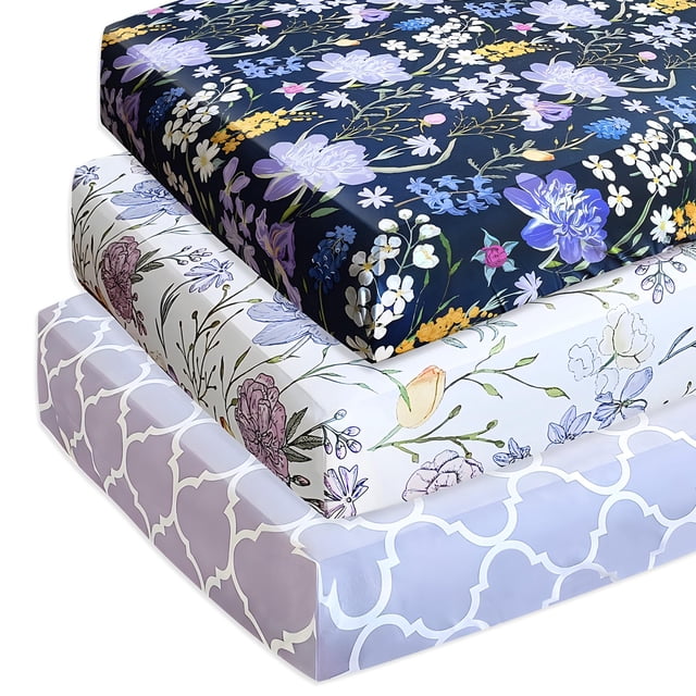 Sábanas ajustables AMROSE, paquete de 3 unidades, 71 x 132 cm, diseño floral suave para cuna
