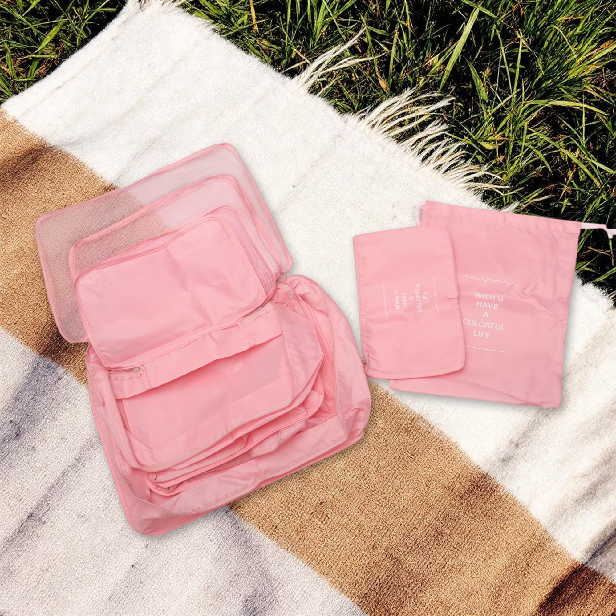 Unique Bargains Portable Packing Cube Set with 6 Different Sized Bags Pink