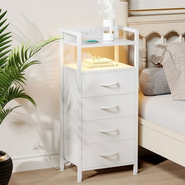 Bestco Modern LED Nightstand with 2 Drawers Bedside Table with Charging Station White
