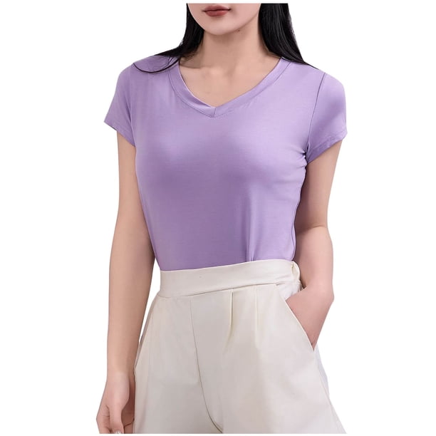 Mujeres Manga Corta Tops Casual, Color Sólido Cuello en V, Camiseta Casa Blusas para Mujeres
