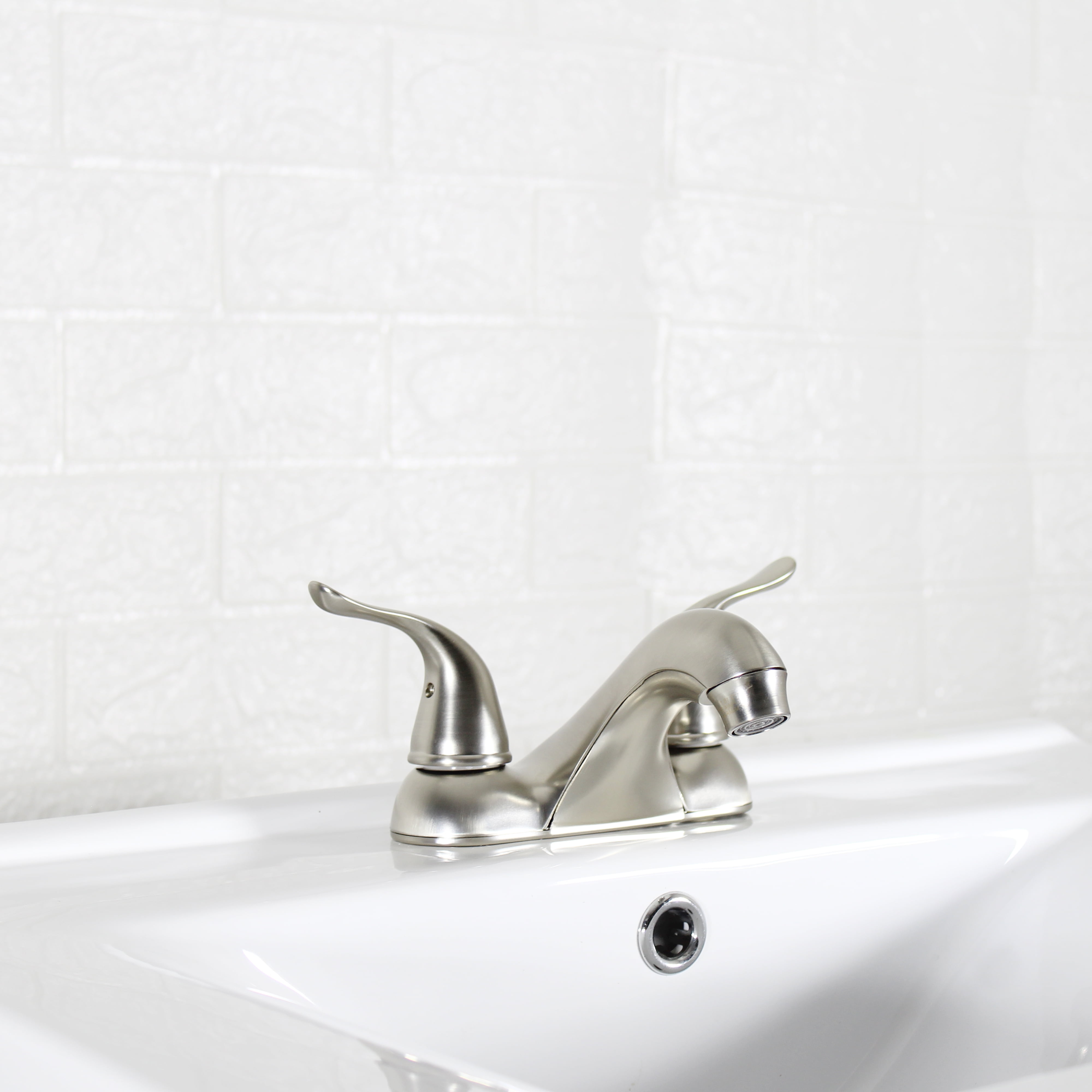 Mainstays 4-inch Centerset Bathroom Faucet with Push Pop-up, Dual Handle, Satin Nickel