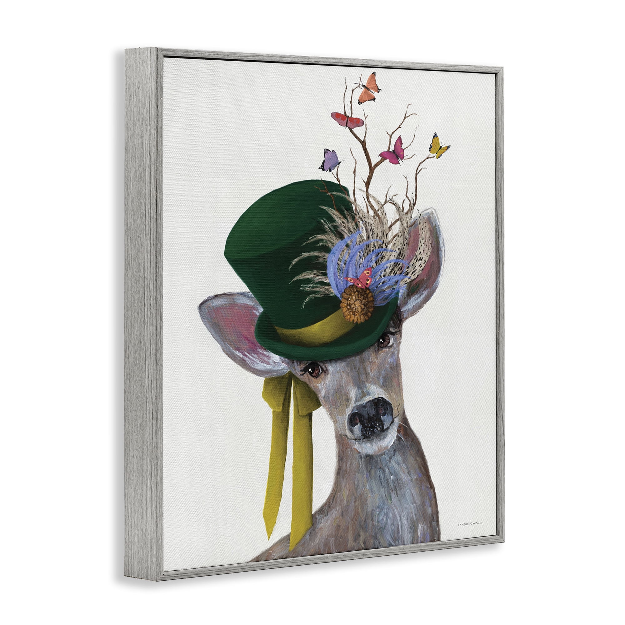 Stupell Industries Deer with Butterfly Hat Animals & Insects Painting Gray Framed Art Print Wall Art, 11 x 14
