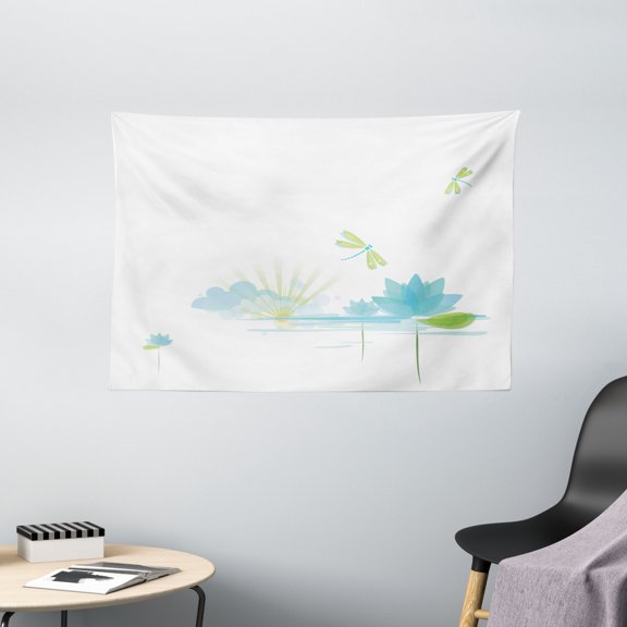 Dragonfly Tapestry, Waterlily and Dragonfly Nature Background Clouds Lake Sun Design, Wall Hanging for Bedroom Living Room Dorm Decor, 60W X 40L Inches, Apple Green Pale Blue, by Ambesonne