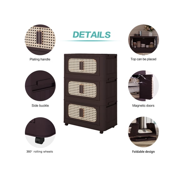 Wooden Cabinets, Retro Brown, 20" Side Wide Folding Storage Cabinet ,4 Tiers,19.69"×11.81"×40.55",Collapsible Storage Bins with Magnetic Door, Plastic Storage Cabinet with Wheels