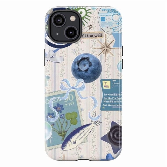 Blue Aesthetic Collage Phone Case, Blueberry Fish & Stamp Motif Cover, Protective Case for iPhone 17 16 15 14 13 12 11 Plus Pro Max Mini