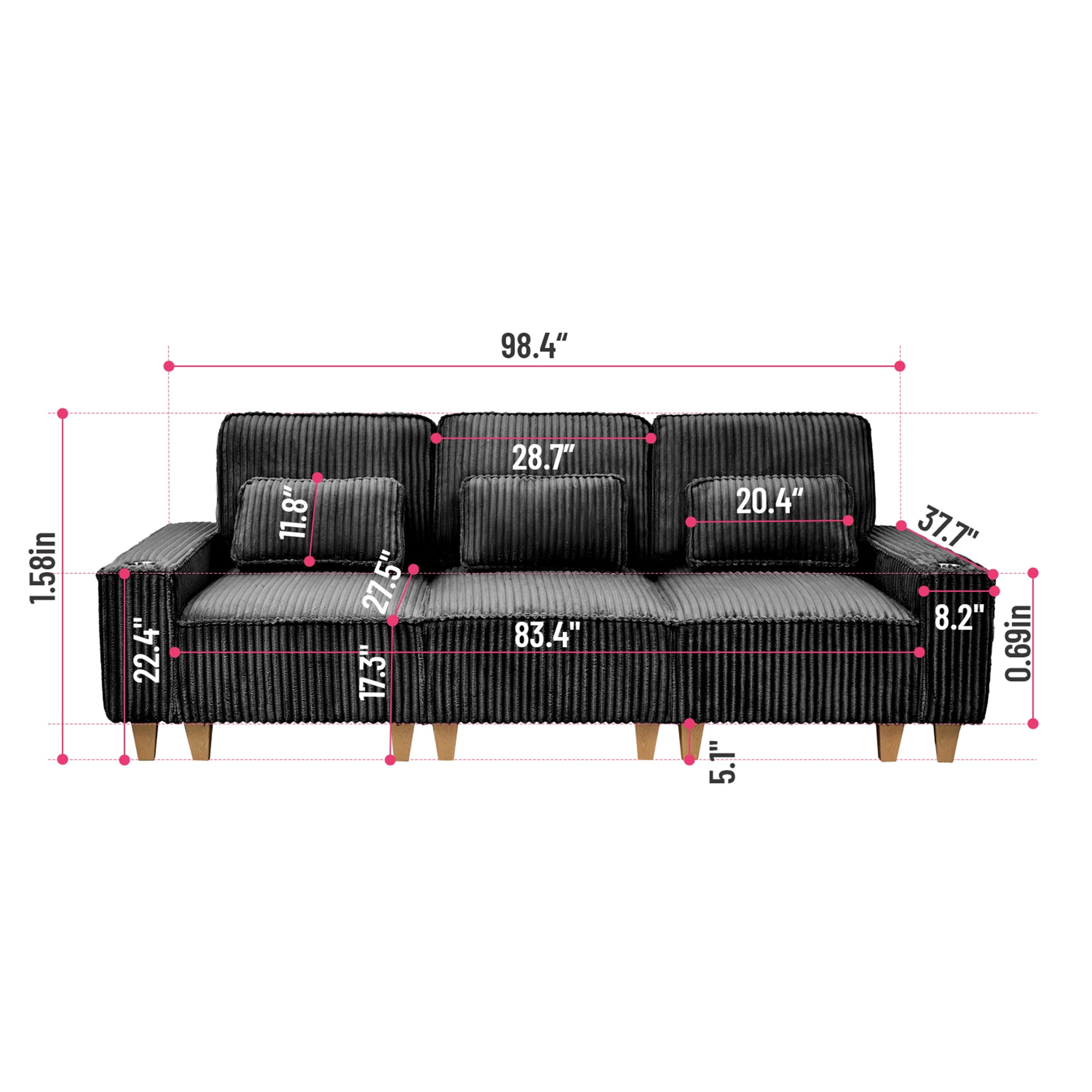 Aukfa 3 Piece Sofa Set - 99" Oversized 3 Seat Couch with Cup Holders&Pillows, 16 Solid Wood Legs, Black