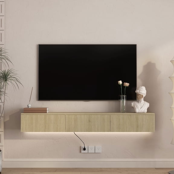 Resenkos 65" Floating TV Stand Wall Mounted, 16 Color LEDs Modern Entertainment Center, Storage Cabinet for 55 60 65 Inch TV, Natural