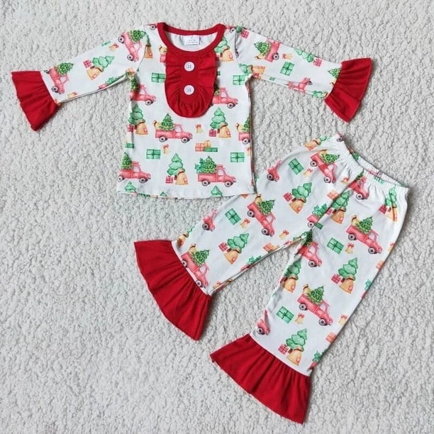 Conjunto de ropa de dormir de invierno para niños y niñas, conjunto de ropa de dormir con mangas Rojas, camisa de coche de árbol, pantalones con volantes, conjunto de pijamas, venta al por mayor