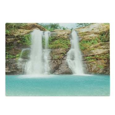Rainforest Cutting Board, Waterfall in Tropic Rainforest Sunny Vacation Fresh Lake Waterscape, Decorative Tempered Glass Cutting and Serving Board, Large Size, Turquoise Green Brown, by Ambesonne