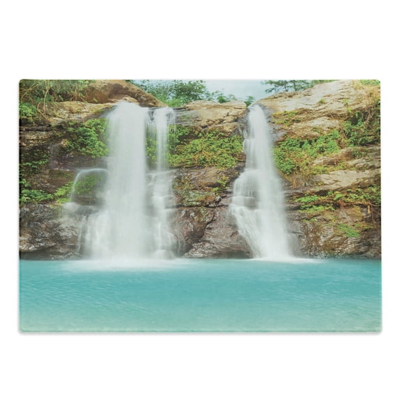Rainforest Cutting Board, Waterfall in Tropic Rainforest Sunny Vacation Fresh Lake Waterscape, Decorative Tempered Glass Cutting and Serving Board, Large Size, Turquoise Green Brown, by Ambesonne