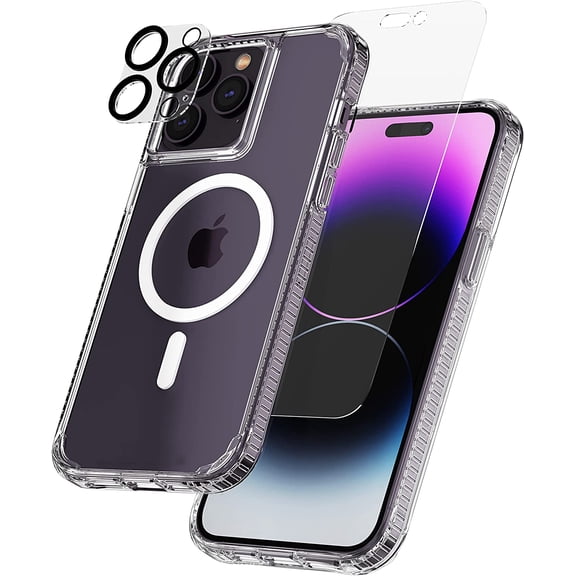 3 in 1 Protection Pack - iPhone 14 Pro Max Case (Tough Clear), Tempered Glass & Lens Protector-10ft Drop Protection, Compatible with MagSafe & Wireless Charging - Shockproof Anti Yellowing